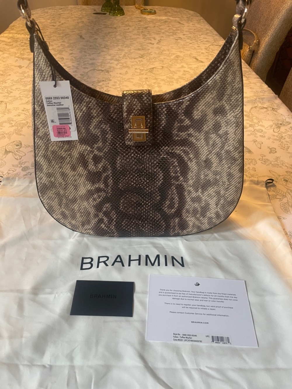 Brahmin Taupe and Brown Snake-Print Shoulder Bag